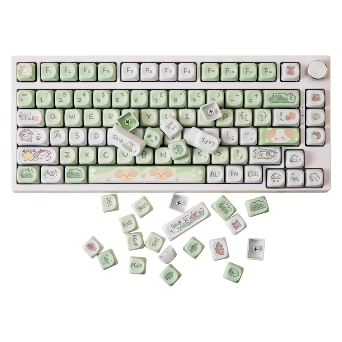 Close-up view of the Gamakay 132 Keys Green &amp; White Keycaps Set installed on a mechanical keyboard. The keycaps feature a playful green and white color scheme with cute illustrations, creating a whimsical and charming aesthetic perfect for girls and those