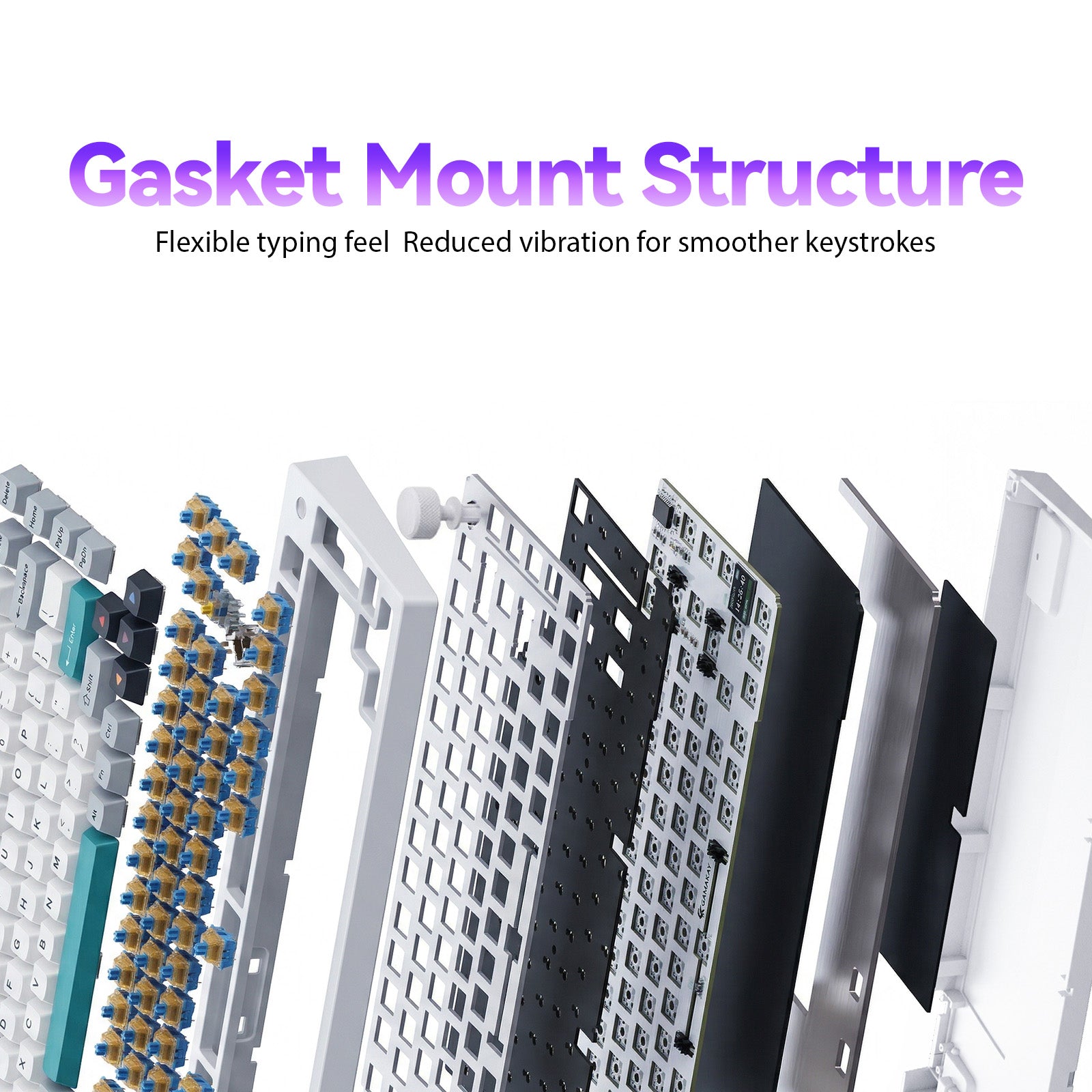 GamaKay TK75 SOCD gasket mount mechanical keyboard structure with flexible typing feel and reduced vibration for smoother keystrokes