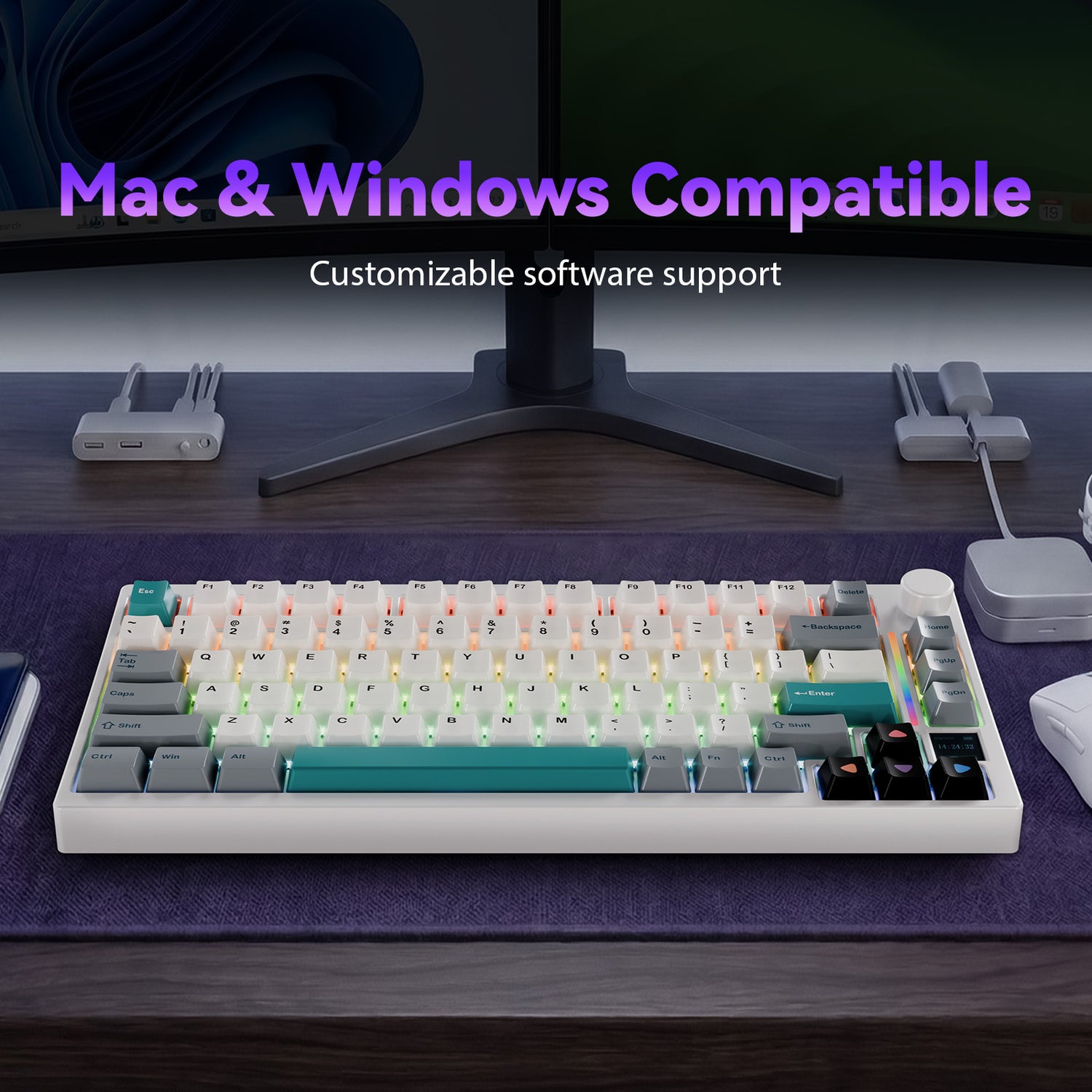 GamaKay TK75 SOCD mechanical keyboard compatible with Mac and Windows, featuring customizable software support and RGB lighting