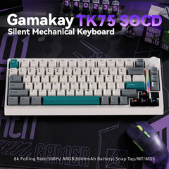 GamaKay TK75 SOCD silent mechanical keyboard with Snap Tap, MT, MDS, 8K polling rate, 500Hz ARGB and 8000mAh battery.