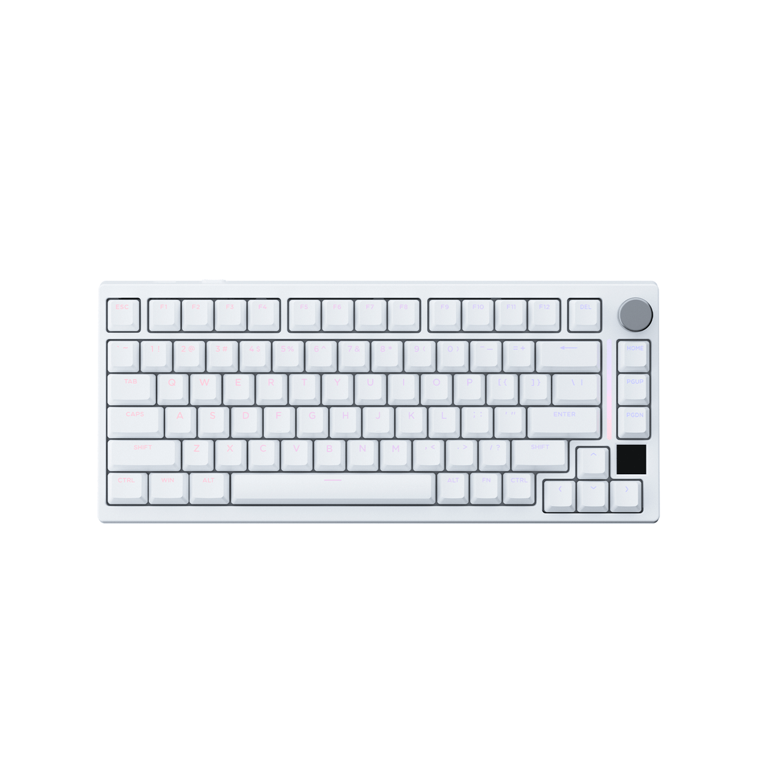 Gamakay TK75HEV2 8k Hall effect magnetic keyboard in color white with RGB black light, small screen and metal knob.