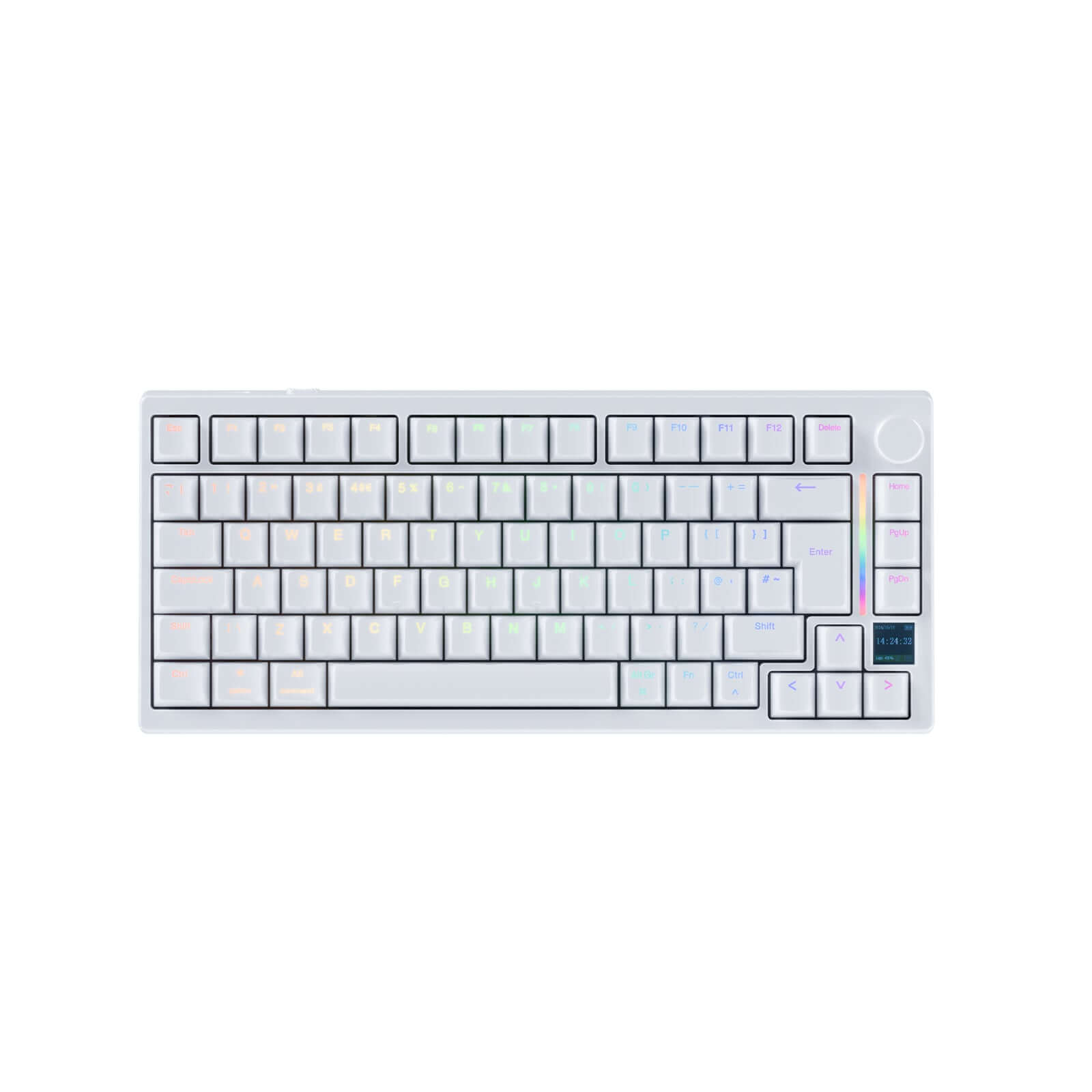 Gamakay TK75HEV2 8k Hall effect magnetic keyboard in color white, ISO UK layout keyboard with RGB black light, small screen, and metal knob. 