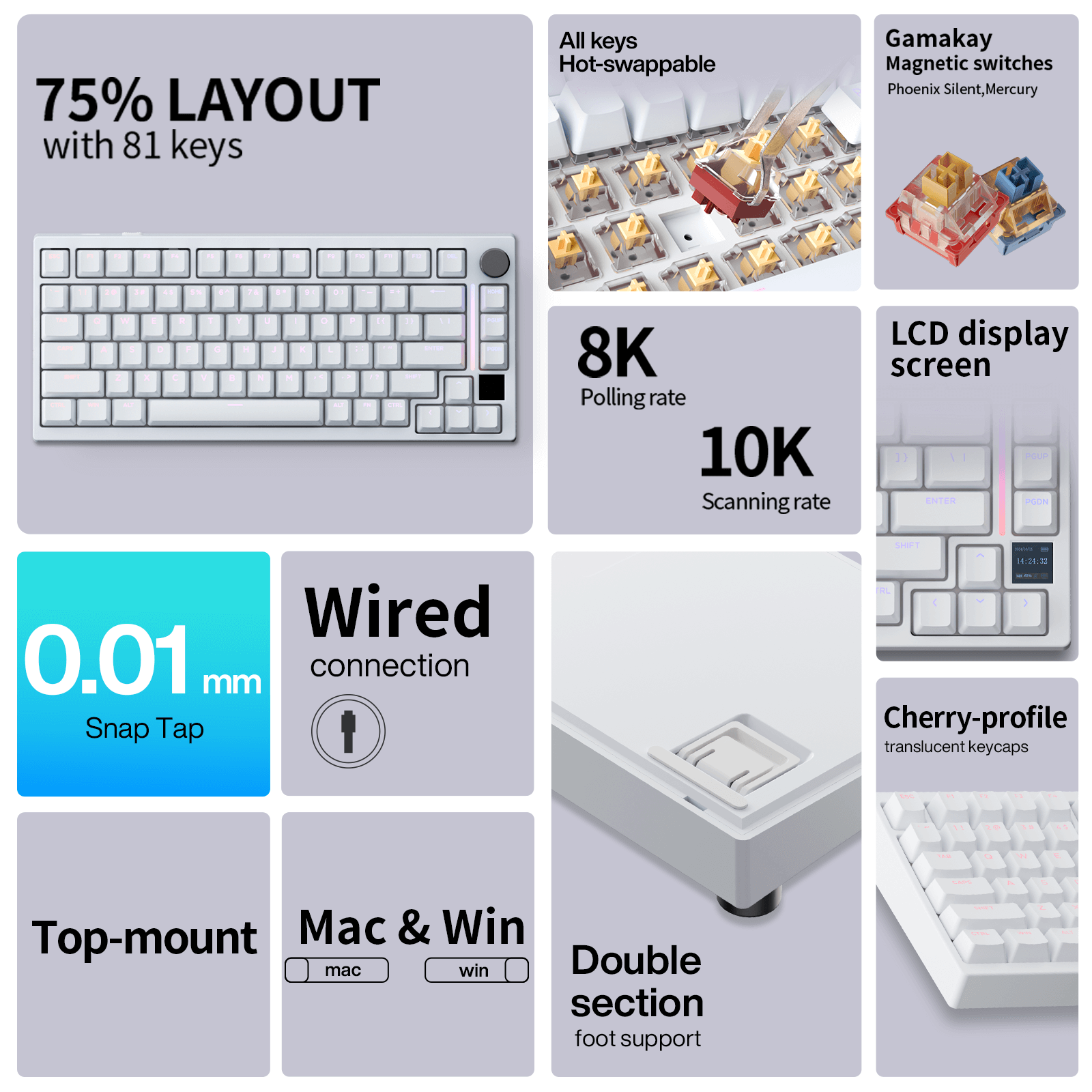 Gamakay TK75HE V2 Hall effect keyboard in 75% layout, full keys hot-swappable, comes with Gamakay Phoenix silent and Mercury magnetic swtich; Wired connection support 8k polling rate and 10k scanning rate; supports 0.01mm accuracy zero dead zone setting, Snap tap, DKS, and Rapid trigger. Best for gaming.