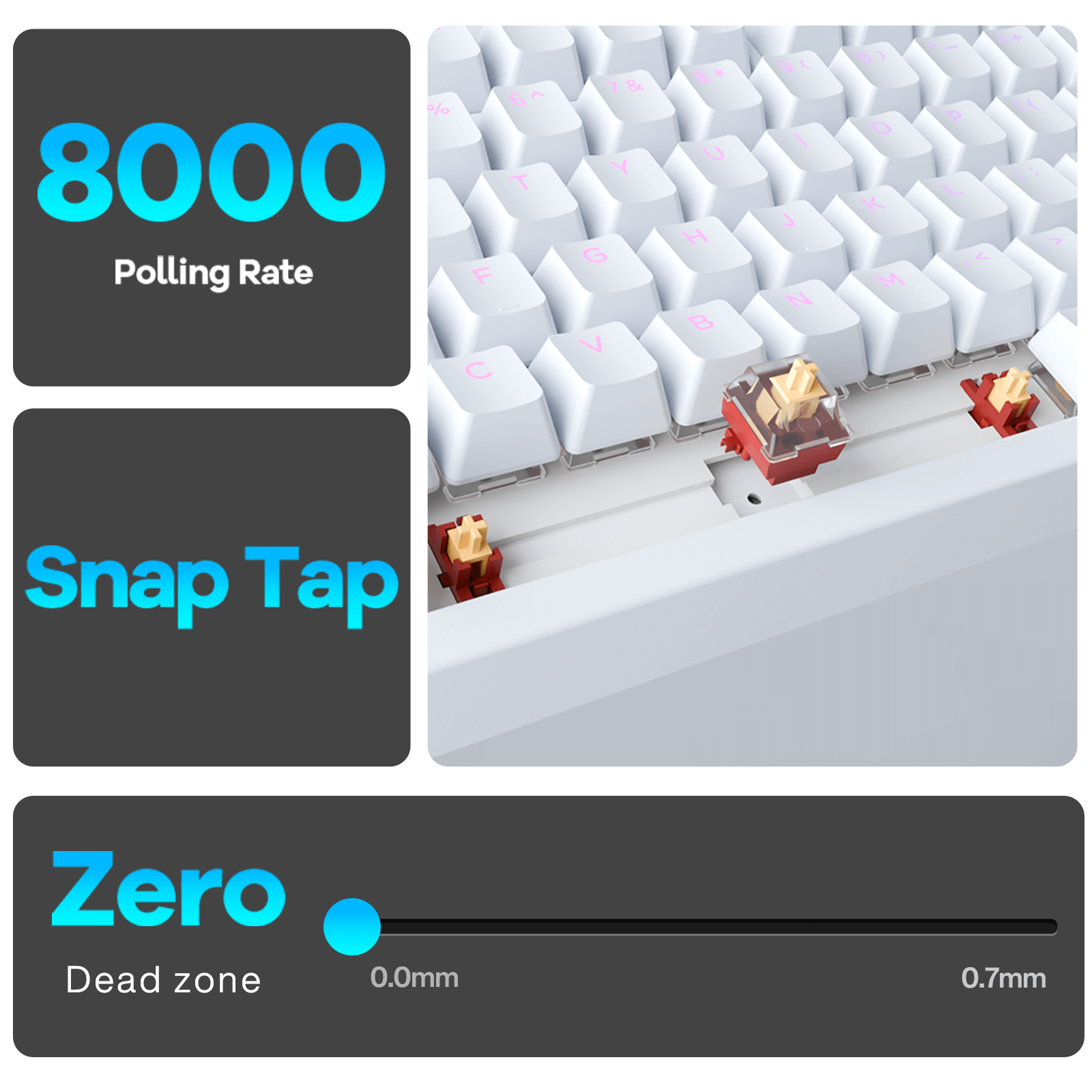 Gamakay TK75HE V2 hot-swappable hall effect keyboard, with 8k polling rate, supports snap tap, and zero dead zone setting. 
