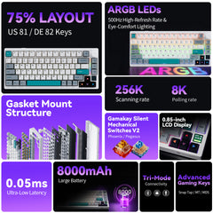 GamaKay TK75 SOCD 75% silent mechanical gaming keyboard with US 81-key and ISO DE 82-key layout, 8K polling, 256K scanning rate and Snap Tap