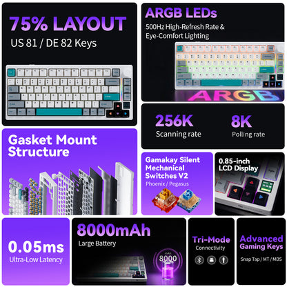 GamaKay TK75 SOCD 75% silent mechanical gaming keyboard with US 81-key and ISO DE 82-key layout, 8K polling, 256K scanning rate and Snap Tap