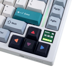 Close-up of GamaKay TK75 SOCD keyboard with display, arrow keys, RGB light bar, and compact 75% layout