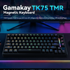Gamakay TK75 TMR magnetic gaming keyboard with ANSI/ISO layout. Featuring cutting-edge TMR sensor technology, 8000Hz polling rate, and adjustable 0.01mm Rapid Trigger for the ultimate Hall Effect typing and gaming experience