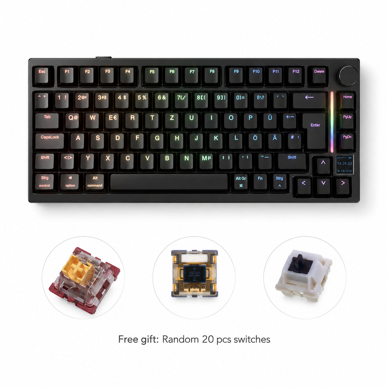 Buy Gamakay TK75 TMR keyboard will get 20pcs gamakay swtiches-you may get phoenix V3 magneic swtiches, Merucry v3 magnetic swtiches, or Pluto liner mechanical swtiches. We will put 20pcs Randomly.