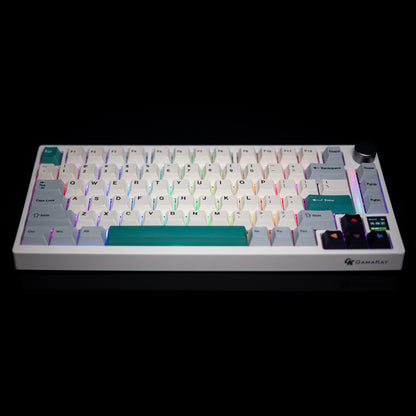 Gamakay TK75 V2 mecanical silent keyboard. With color green, white, and grey PBT keycaps, the light bar and TFT screen on the right side. 