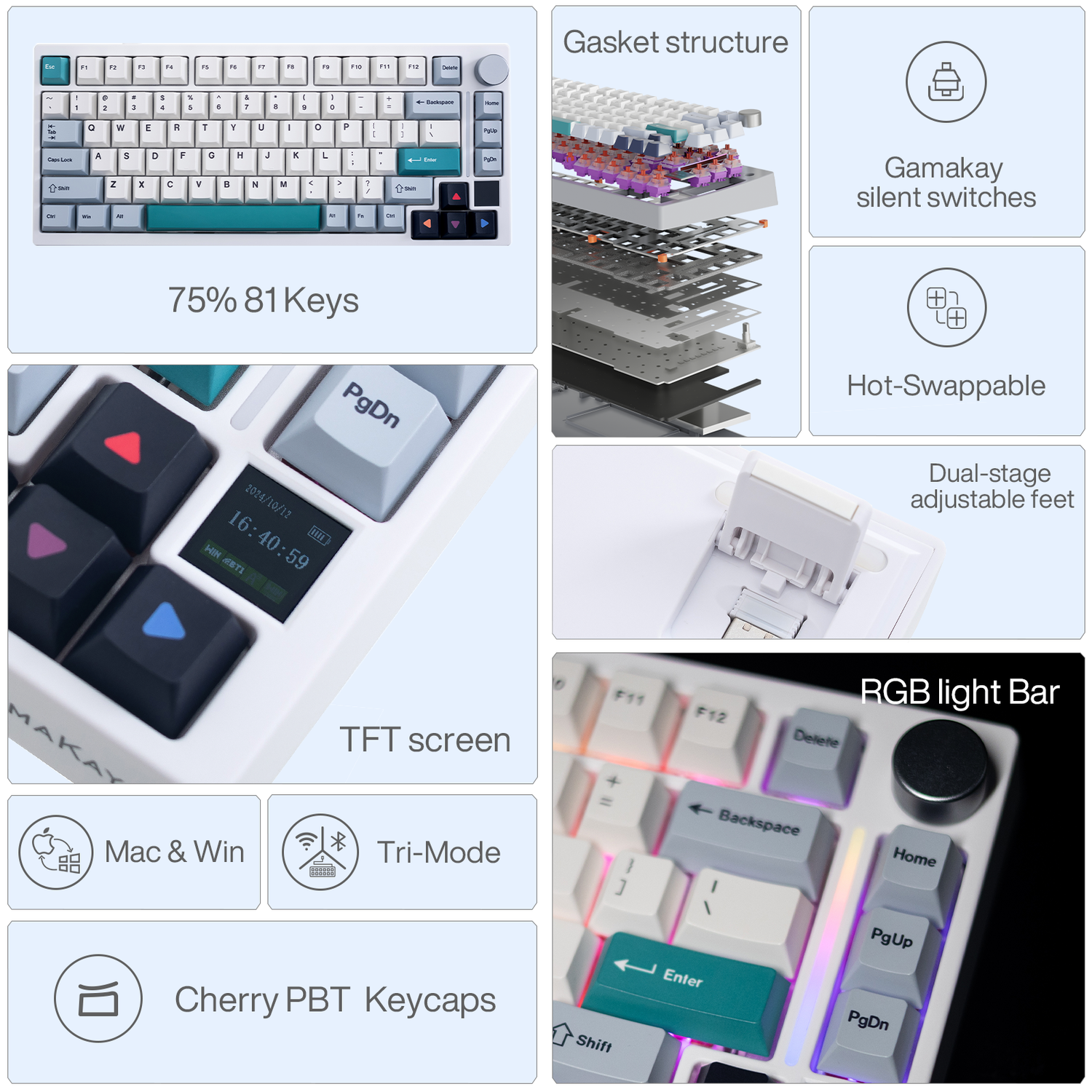 Gamakay TK75V2 Silent Mechanical Keyboard – gasket-mounted and hot-swappable, equipped with Gamakay silent switches. Designed for quiet typing, perfect for students, professionals, and night-time or public workspace use.