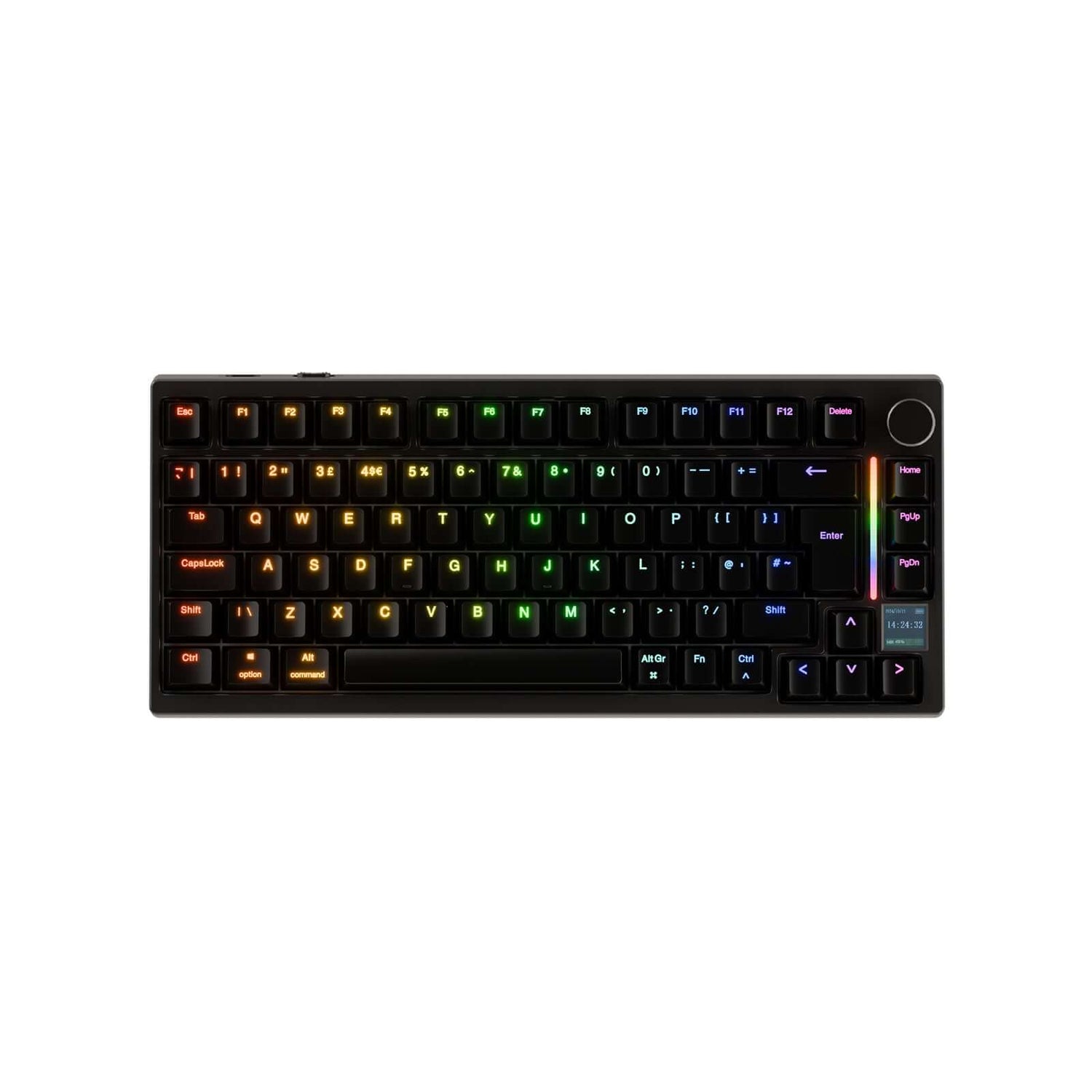 Gamakay TK75HEV2 8k Hall effect magnetic keyboard in color Black, ISO UK layout keyboard with RGB black light, small screen, and knob. 