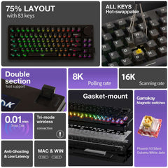 Gamakay x NaughShark NS75 Hall-Effekt-Tastatur mit 75% Layout, 0,005 mm Reaktionszeit und 8 kHz Abtastrate.