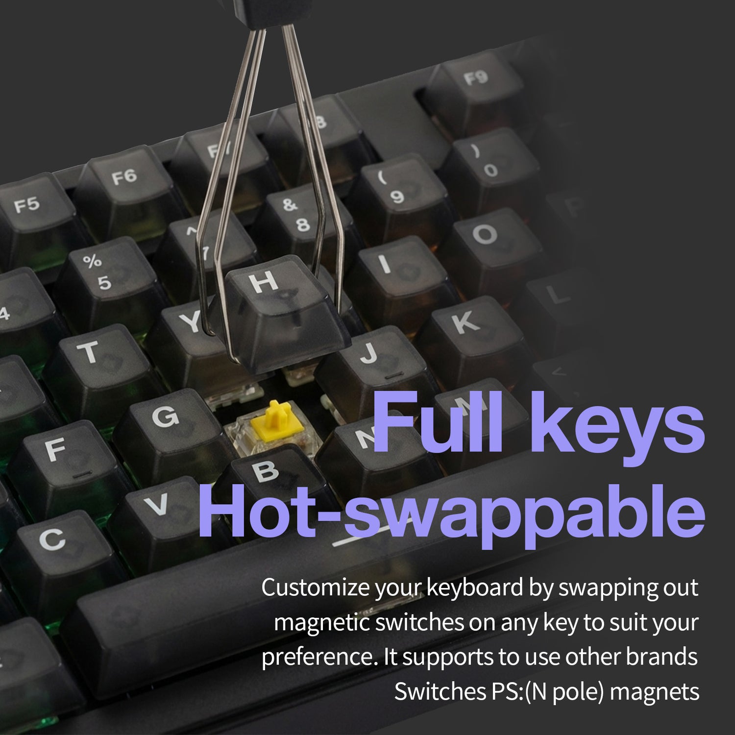 full-key hot-swappable gaming keyboard, compatible with magnetic Hall effect switches, allowing easy switch replacement on every key