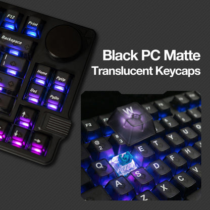Black PC matte translucent keycaps with RGB backlight, shine-through design for gaming keyboard, showcasing illuminated switches and low-profile legends