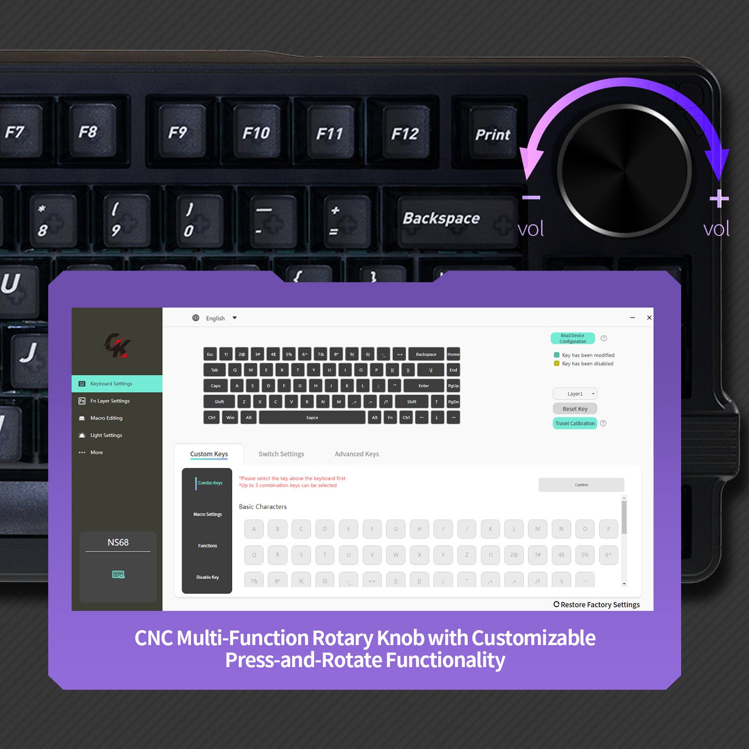 CNC multi-function rotary knob on gaming keyboard, customizable press-and-rotate volume control with software key mapping and macro support