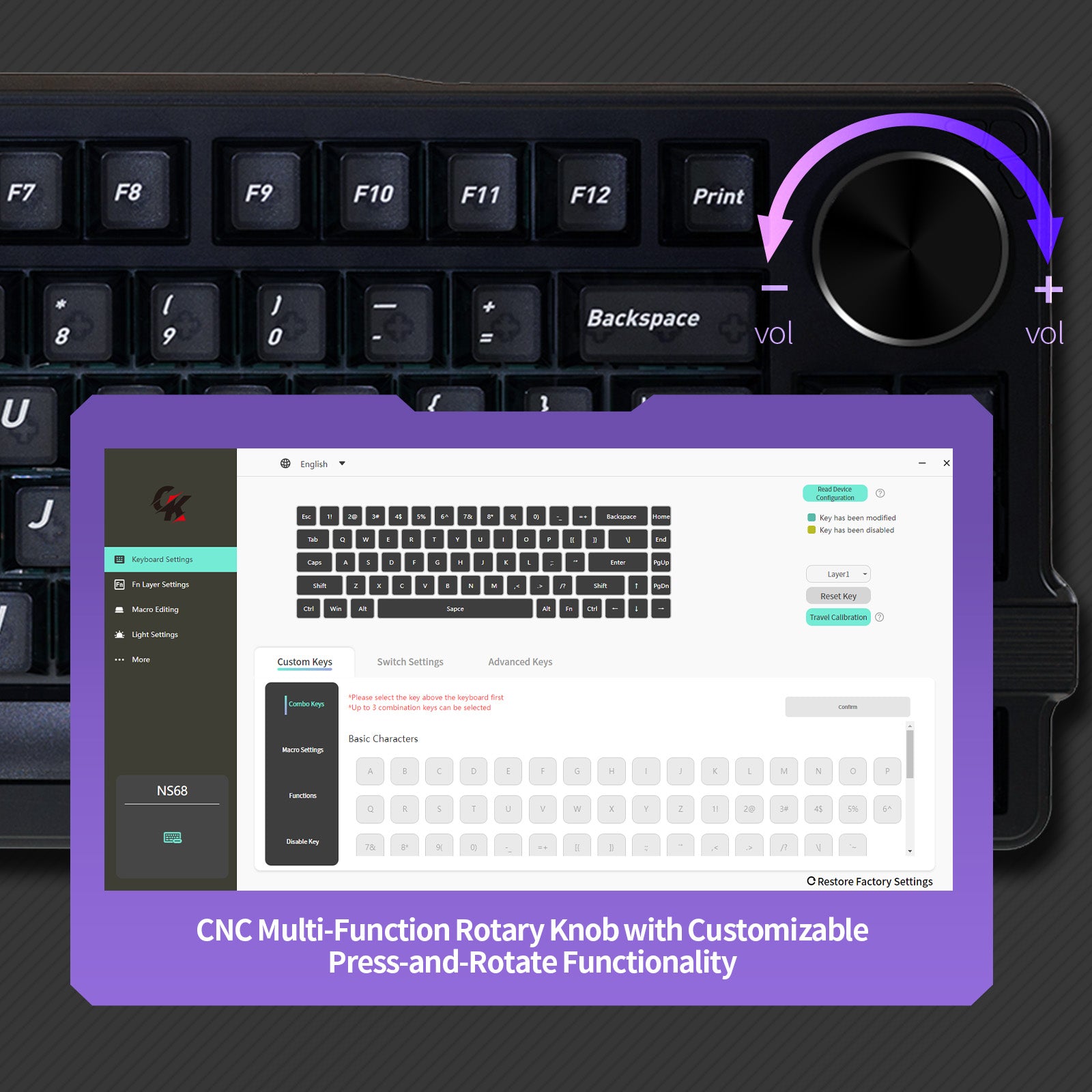 CNC multi-function rotary knob on gaming keyboard, customizable press-and-rotate volume control with software key mapping and macro support