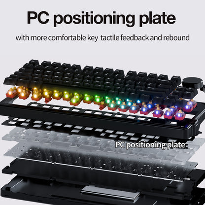 PC positioning plate keyboard structure with improved tactile feedback and rebound, layered gasket-mount design showing RGB switches and internal components.