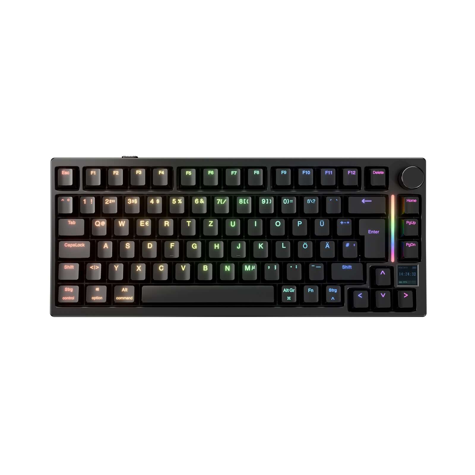 Gamakay TK75HEV2 8k Hall effect magnetic keyboard in color black, ISO DE layout keyboard with RGB black light, small screen, and metal knob. 