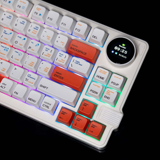 The image displays a Gamakay LK75 mechanical keyboard with a 75% layout, featuring 83 keys and a compact design without a number pad. The keyboard is illuminated by vibrant rainbow-colored backlighting, creating a striking visual effect against the dark b