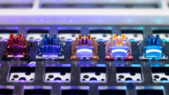 Close-up of five GamaKay mechanical keyboard switches—Griffin, Pegasus V1, Venus, Phoenix V2, and Pegasus V2—installed on a metal plate. These mechanical keyboard switches include both linear switches and tactile switches, each designed with translucent housings and RGB diffusers. The RGB effect shines vividly through the clear casings, enhancing the visual appeal of the mechanical keyboard. The silent switch variants, like the Venus and Phoenix V2, feature quiet operation while still delivering stunning, e