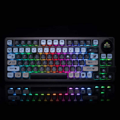 The image displays a Gamakay LK75 mechanical keyboard with a 75% layout, featuring 83 keys and a compact design without a number pad. The keyboard is illuminated by vibrant rainbow-colored backlighting, creating a striking visual effect against the dark b