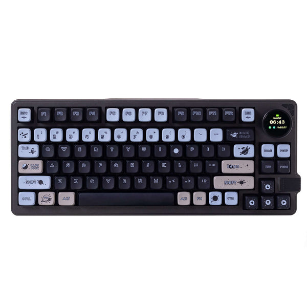 The image displays a Gamakay LK75 mechanical keyboard with a 75% layout, featuring 83 keys and a compact design without a number pad. The keyboard is illuminated by vibrant rainbow-colored backlighting, creating a striking visual effect against the dark b