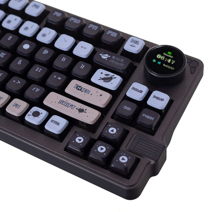 This pic is featuring the top part of the LK75, showing the display and the keycaps. The Lk75 is in color black with the Space theme keycpas style.