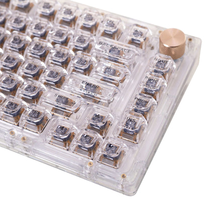 This transparent keycap is made of high-quality PC material, which fully showcases the transparency of the keycap. The stability of PC keycaps is excellent-in the photo is showing the gamakay sn75 with the transparent keycaps