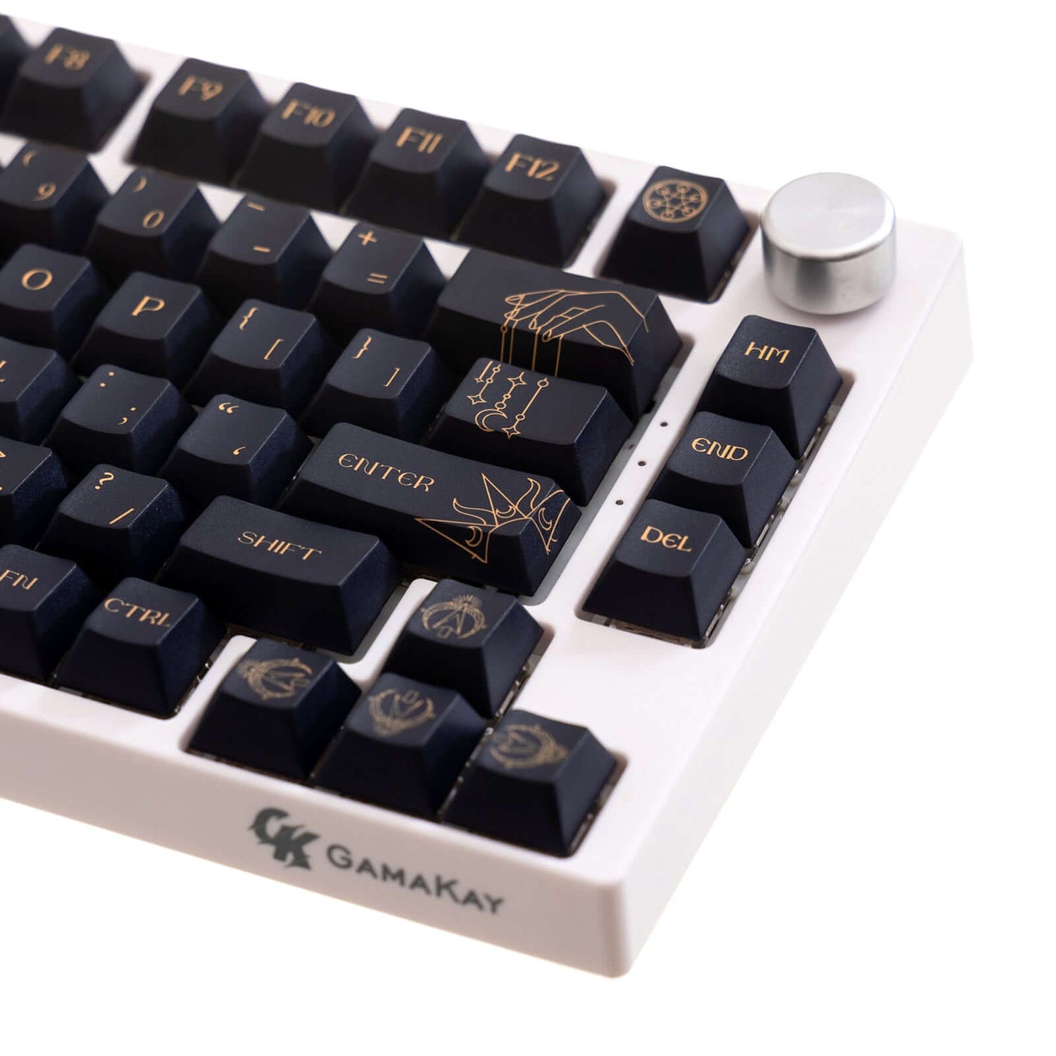 Mechanical keyboard keycaps with astrology and divination designs on a dark background