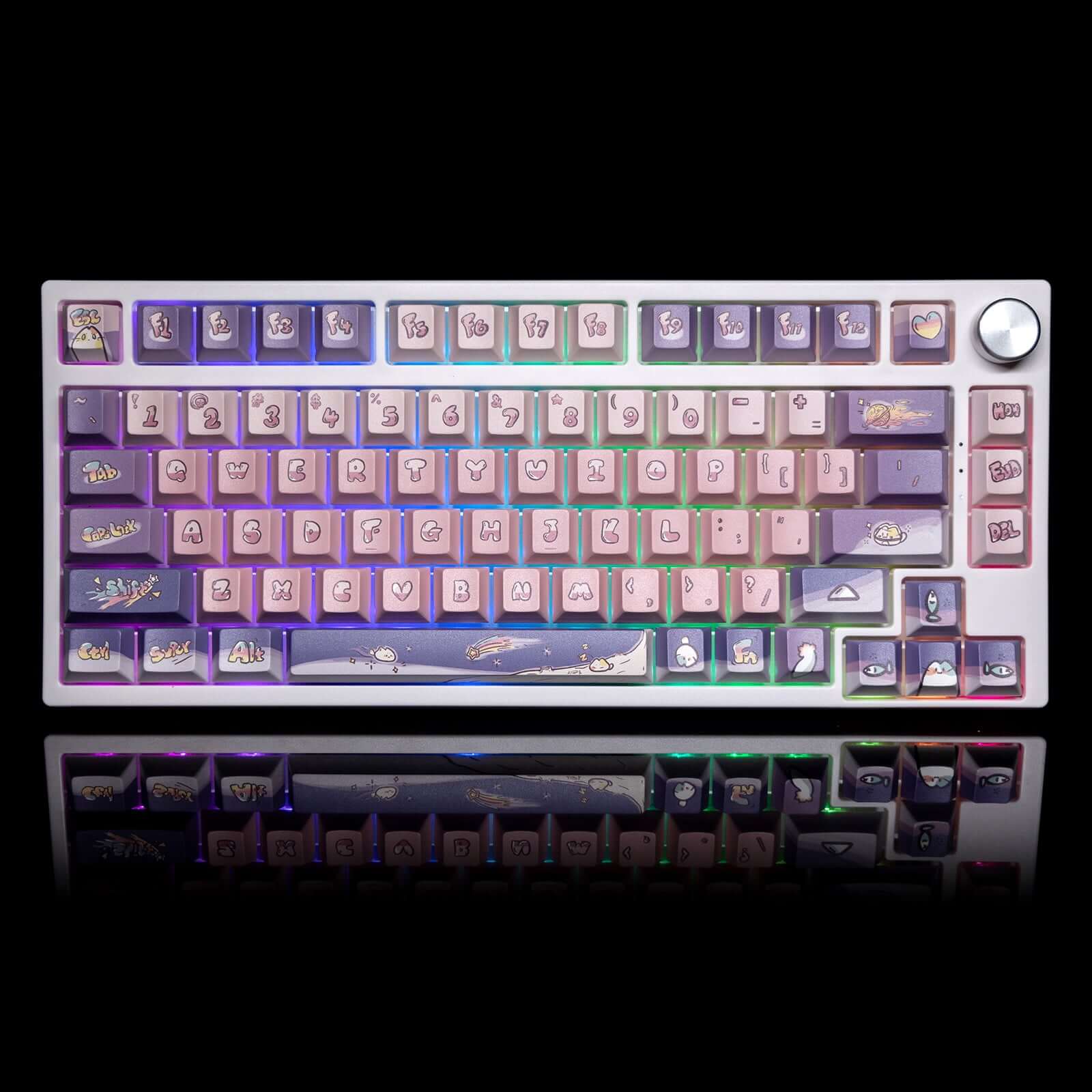 High-quality Purple &amp; Pink Space Cat Theme keycaps on a 75% mechanical keyboard in dark background, with RGB backlighting