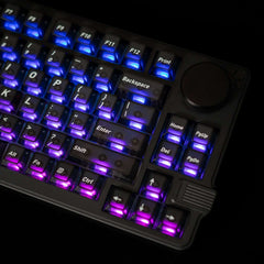 Naughshark NS75 75% mechanical keyboard close-up showing RGB backlit translucent keycaps, rotary volume knob, and navigation keys