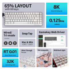 Gamakay x Naughshark NS68 is a 60% Hall effect keyboard featuring 8K polling, 0.06 ms latency, zero dead zone, rapid trigger and Snap Tap. It is hot-swappable and compatible with magnetic switches.