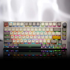 The TK75se is 75 percent keyboard, the pic is showing that the keyboard with the retro desgin keycaps and the led ligting is attractive even in the bright blackground.From the left top of the keyboard to the right bottom keys all the keyboard are shinning the RGB with different colors combination