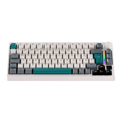 GamaKay TK75 SOCD 75% silent mechanical gaming keyboard in white with teal keycaps and compact  ISO DE layout. 