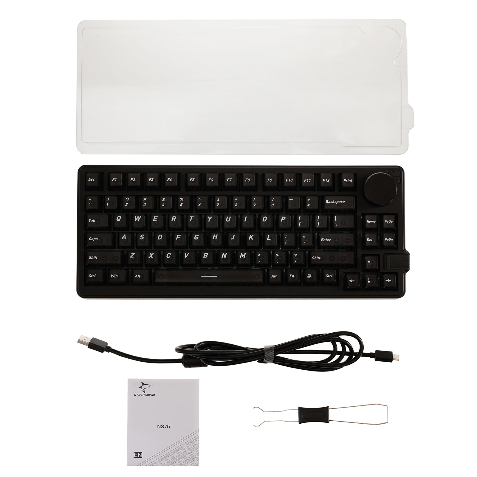Complete Naughshark NS75 75% mechanical keyboard set with keyboard, dust cover, USB-C cable, manual, and keycap puller.