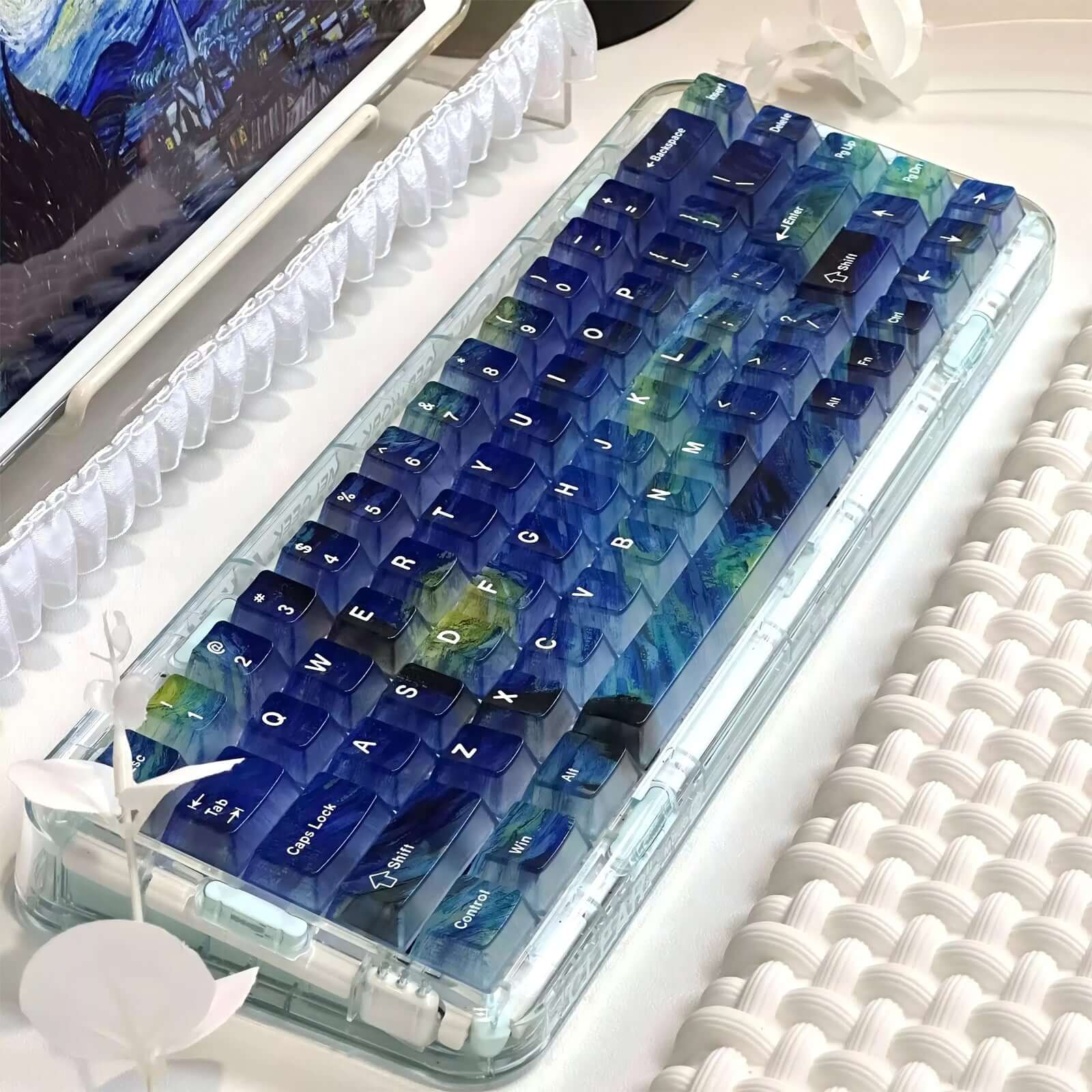 Gamakay 114 Keys Transparent Starry Sky Cherry Profile PC Keycaps Set, gradient blue resin-style keycaps inspired by night sky art, compatible with mechanical keyboards