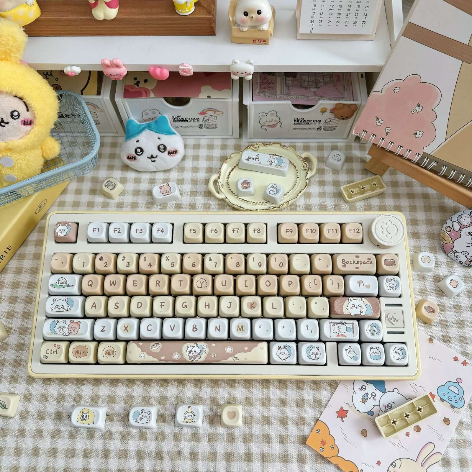 Gamakay 95 Keys MOA Profile PBT Keycaps Set in milk brown, featuring Chiikawa anime design with warm pastel tones, adorable kawaii keycaps for 75% mechanical keyboard.