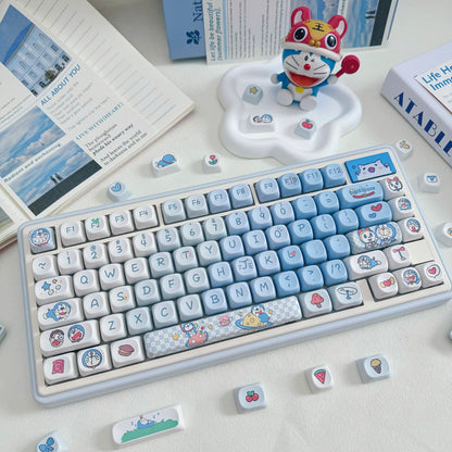Gamakay 95 Keys MOA Profile PBT Keycaps Set – Doraemon Theme in blue and white, cute anime-style PBT keycaps for 75% mechanical keyboard