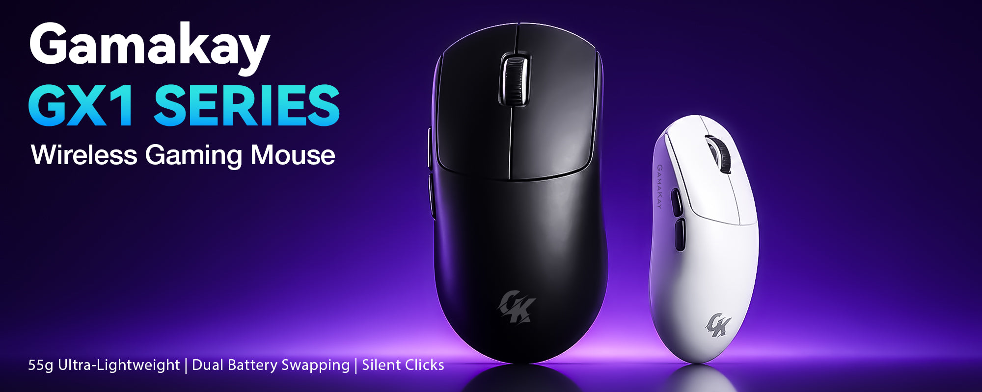 Gamakay GX1 Series wireless gaming mouse in black and white